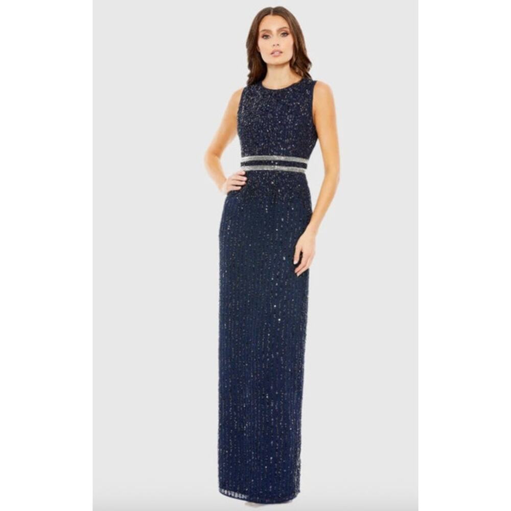 MAC DUGGAL Dress Size 16 Evening Gown Sequin Navy Blue Sleeveless NEW Column